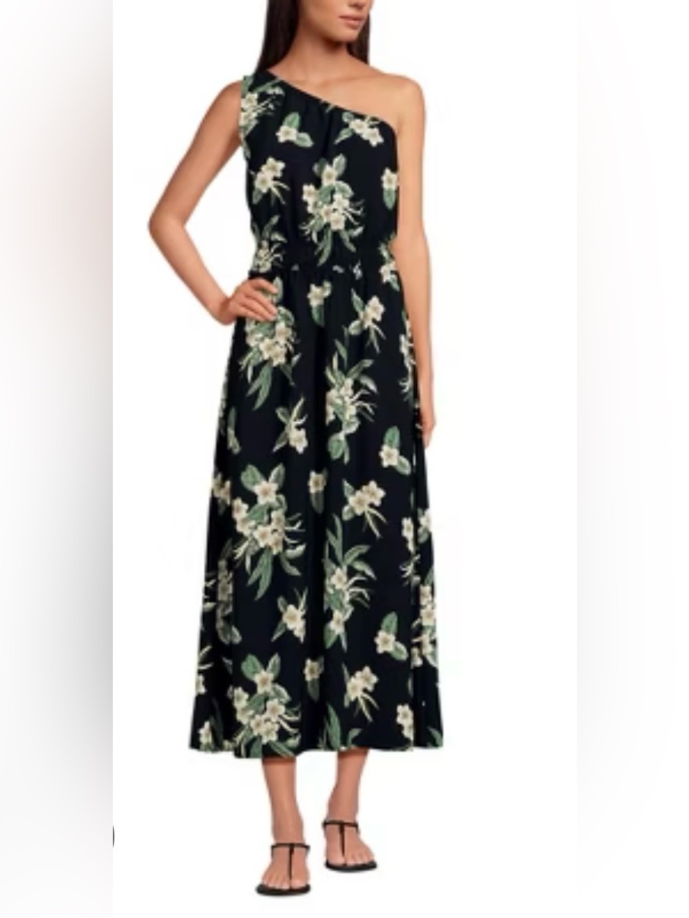Lands' End Black One-Shoulder Floral Maxi Dress